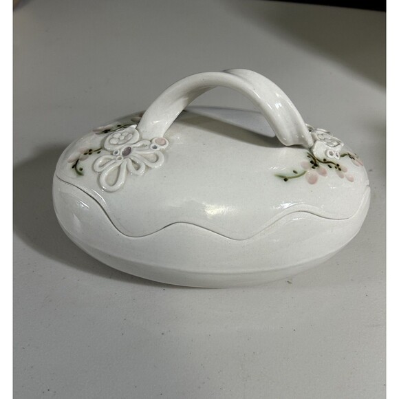 Floral Egg-Shaped Scalloped Lid Studio Art Pottery Trinket Holder Dish Signed - Picture 11 of 11